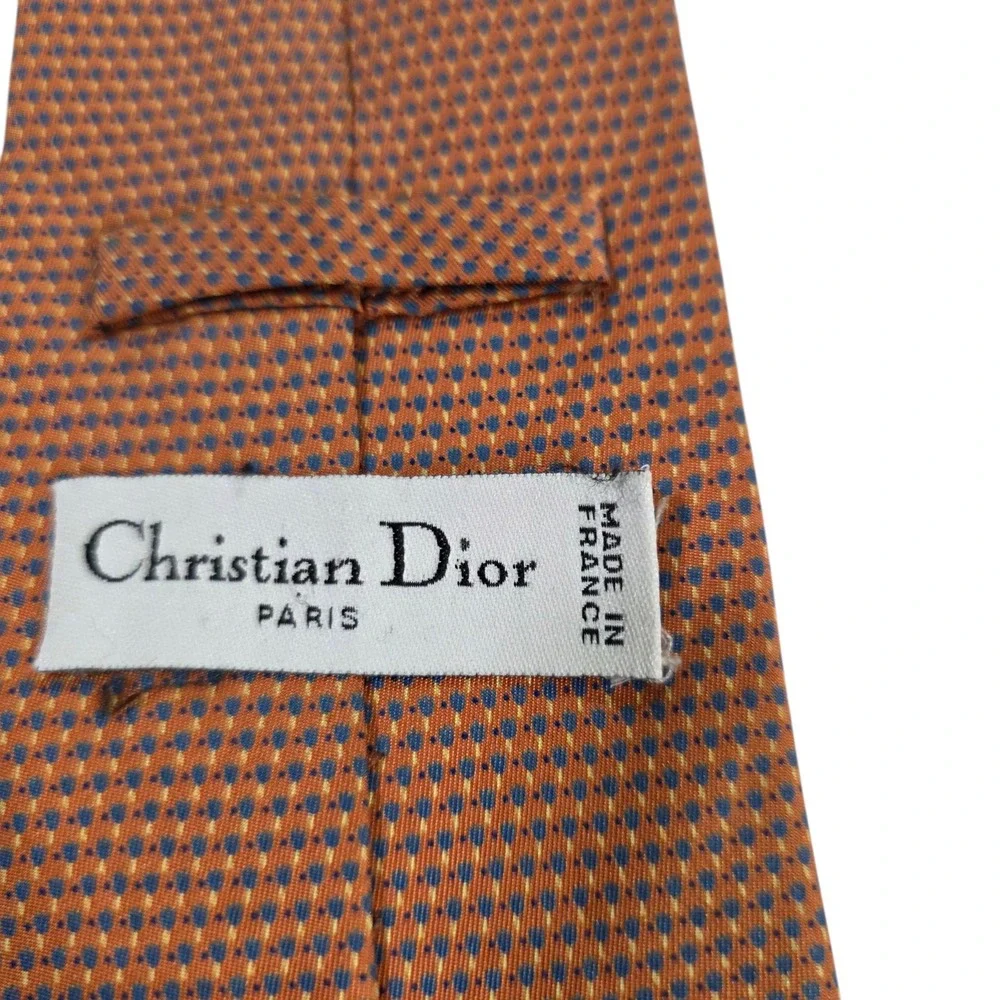 Christian Dior Men Necktie Orange Micro Dot Silk Handmade Floral Designer Formal